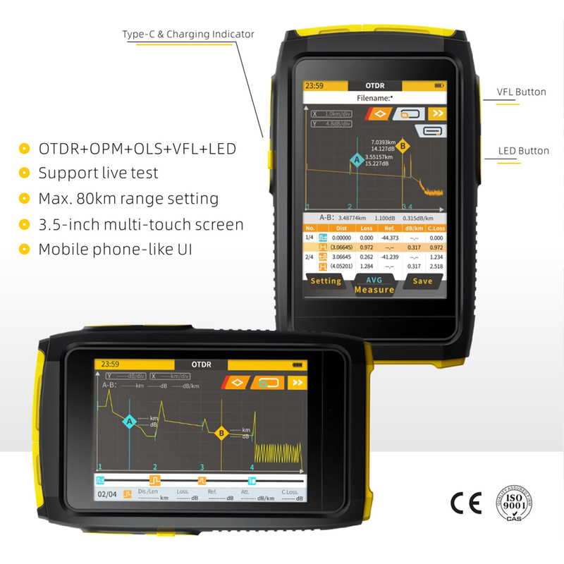 Max. 80 Km Range Setting 3.5-Inch Multi-Touch Screen 1550 nm Wavelength MINI OTDR